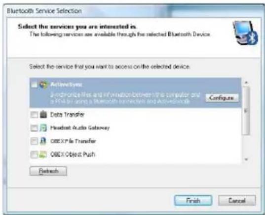 Bluetooth Service Selection Select the services you are interested in. The following services are available through the selected Bluetooth Device. Select the service that you want to access on the selected device. ActiveSystems A network files and information between the computer and a PDA by using a Bluetooth connection and ActiveSystems Configure Data Transfer Headset Audio Gateway OBEX File Transfer OBEX Object Push Refresh Finish Cancel