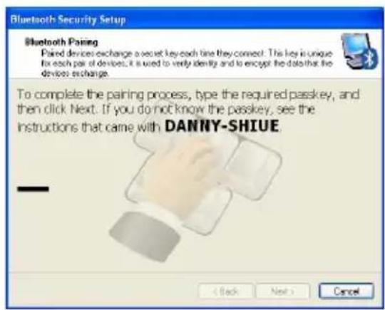 Bluetooth Security Setup Bluetooth Pairing Paired devices exchange a secret key each time they connect. This key is unique for each pair of devices, it is used to verify identity and to encrypt the data that the device exchange. To complete the pairing process, type the required passkey, and then click Next. If you do not know the passkey, see the instructions that came with DANNY-SHIUE. < Back Next > Cancel