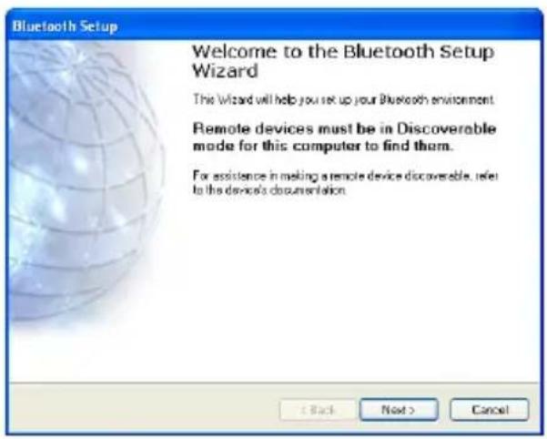 Bluetooth Setup Welcome to the Bluetooth Setup Wizard The Wizard will help you set up your Bluetooth environment. Remote devices must be in Discoverable mode for this computer to find them. For assistance in making a remote device discoverable, refer to the device's documentation.< Back Next > Cancel