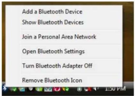 Add a Bluetooth Device Show Bluetooth Devices Join a Personal Area Network Open Bluetooth Settings Turn Bluetooth Adapter Off Remove Bluetooth Icon