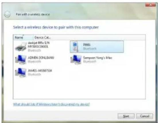 Pair with a wireless device Select a wireless device to pair with this computer Name Device C#.\ dodjet RPCs 679 MYBSECORDEL Bluetooth P995 Bluetooth ADMIN-30NLEBAU Bluetooth Simpson Yang's Mac Bluetooth JAMES-AMSB754 Bluetooth What should I do if Windows have I discovered my device? Next Cancel