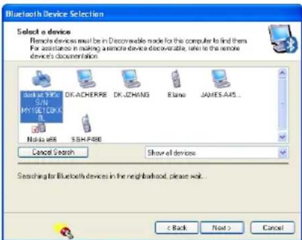 Bluetooth Device Selection Select a device Remote devices must be in Discoverable mode for this computer to find them. For assistance in making a remote device discoverable, select to the remote device's documentation. DASH USIC S/N MYSETCDK DL Nokia u66 DK-ACHERRE DK-UZHANG Ebara JAMES-A45... SBH-F880 Cancel Search Show all devices Searching for Bluetooth devices in the neighborhood, please wait... < Back Next > Cancel