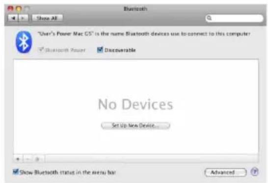 "User's Power Mac OS" is the name Bluetooth devices use to connect to this computer Bluetooth Power Discoverable No Devices Set Up New Device... Show Bluetooth status in the menu bar Advanced...