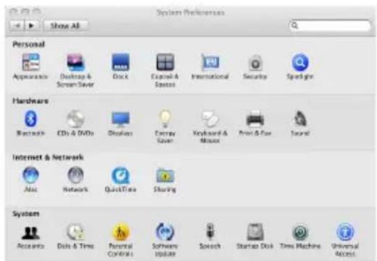 System Preferences Show All Personal Appearance Desktop & Screen Saver Dock Email & Stover International Security Spotlight Hardware Bluetooth CDs & DVDs Displays Array Saver Keyboard & Mouse Print & Fox Sound Internet & Network Mac Network QuickTime Sharing System Access Data & Time Personal Controls Software update Speech Startup Disk Time Machine Universal Access