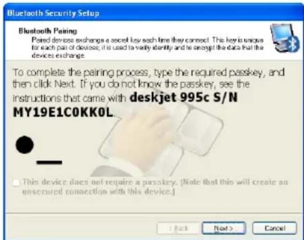 Bluetooth Security Setup Bluetooth Pairing Pared devices exchange a secret key each time they connect. This key is unique for each pair of devices; it is used to verify identity and to encrypt the data that the devices exchange. To complete the pairing process, type the required passkey, and then click Next. If you do not know the passkey, see the instructions that came with deskjet 995c S/N MY19E1C0KK0L. This device does not require a passkey. (Note that this will create an unsecured connection with this device.) < Back Next > Cancel