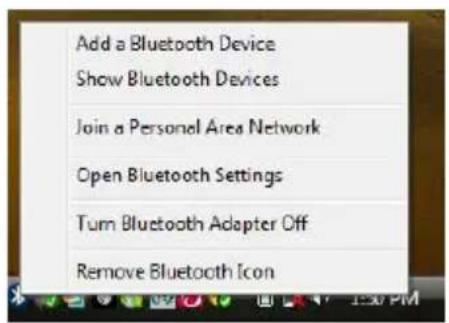 Add a Bluetooth Device Show Bluetooth Devices Join a Personal Area Network Open Bluetooth Settings Turn Bluetooth Adapter Off Remove Bluetooth Icon