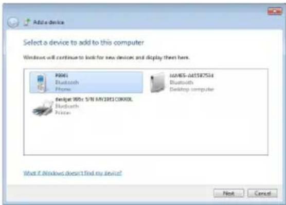Add a device Select a device to add to this computer Windows will continue to look for new devices and display then here. P001 Bluetooth Phone 16485-061587534 Bluetooth Desktop computer design: 90% S/N MY3RE1C00XOL Bluetooth Printer What if Windows doesn't find my device? Next Cancel