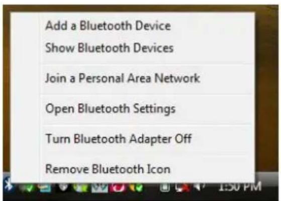 Add a Bluetooth Device Show Bluetooth Devices Join a Personal Area Network Open Bluetooth Settings Turn Bluetooth Adapter Off Remove Bluetooth Icon