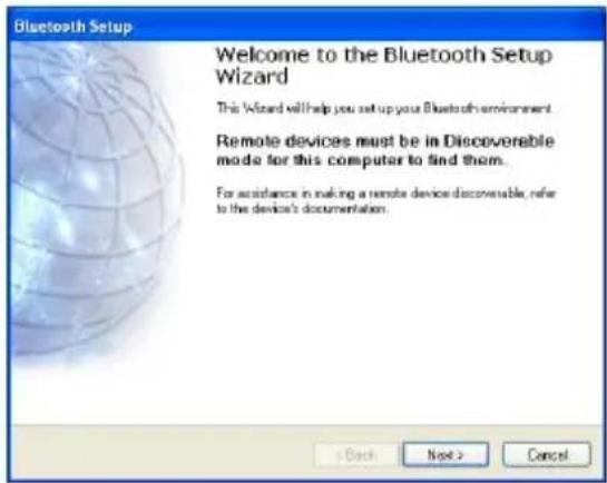 Bluetooth Setup Welcome to the Bluetooth Setup Wizard This Wizard will help you set up your Bluetooth environment. Remote devices must be in Discoverable mode for this computer to find them. For accordance in making a remote device discoverable, refer to the device's documentation.