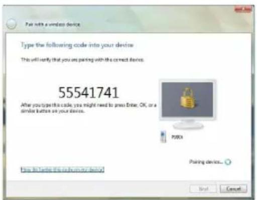 Pair with a wireless device Type the following code into your device This will notify that you are packing with the correct device. 55541741 After you type this code, you might need to press Enter, OK, or a similar button on your device. P9001 Packing device... Next Cancel