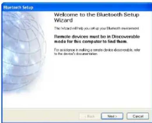 Bluetooth Setup Welcome to the Bluetooth Setup Wizard This Wizard will help you set up your Bluetooth environment. Remote devices must be in Discoverable mode for this computer to find them. For assistance in making a remote device discoverable, refer to the device's documentation.