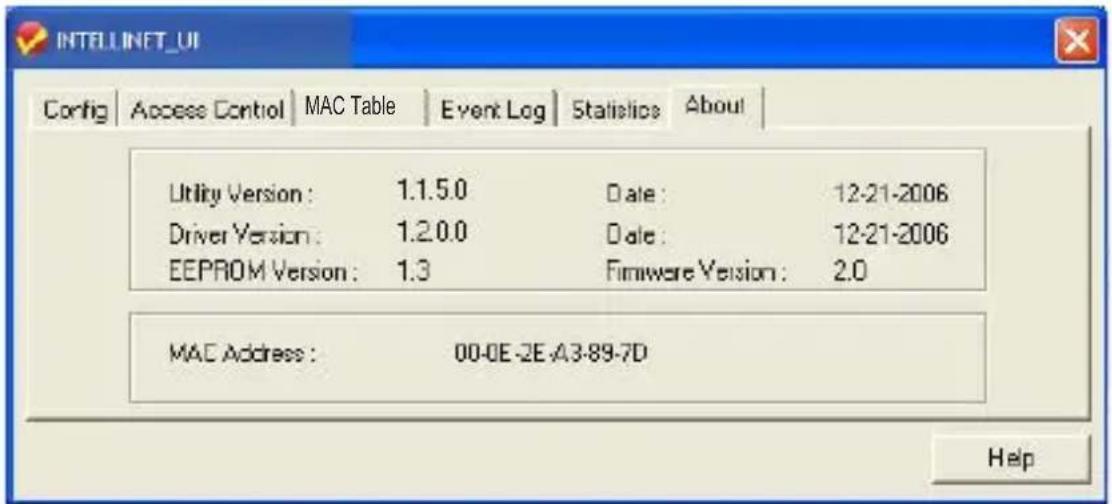 INTELLINET_UI Config | Access Control | MAC Table | Event Log | Statistics | About | Utility Version: 1.1.5.0 Date: 12-21-2006 Driver Version: 1.2.0.0 Date: 12-21-2006 EEPROM Version: 1.3 Firmware Version: 2.0 MAC Address: 00-0E-2E-A3-89-7D Help