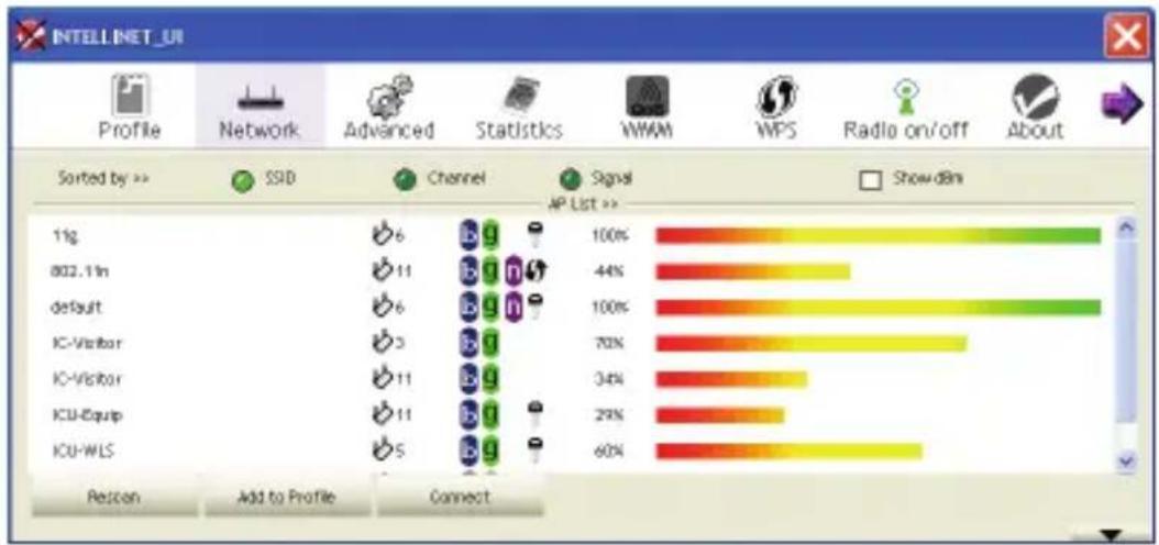 INTELLINET_UI Profile Network Advanced Statistics WWW WPS Radio on/off About Sorted by >> SSD Channel Signal Show dbn 11g 802.1in default IC-Visitor IC-Visitor ICU-Equip ICU-WLS 100% 44% 100% 70% 34% 29% 60% Rescen Add to Profile Connect