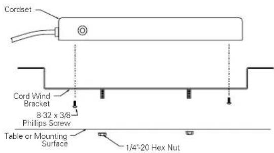 Cordset Cord Wind Bracket 8-32 x 3/8 Philips Screw Table or Mounting Surface 1/4'-20 Hex Nut