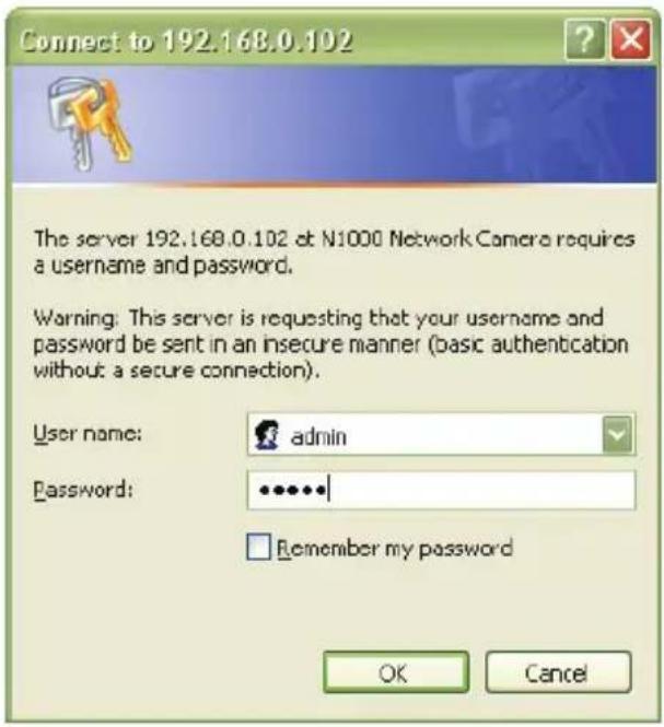 Connect to 192.168.0.102 The server 192.168.0.102 at N1000 Network Camera requires a username and password. Warning: This server is requesting that your username and password be sent in an insecure manner (basic authentication without a secure connection). User name: admin Password: •••••• Remember my password OK Cancel