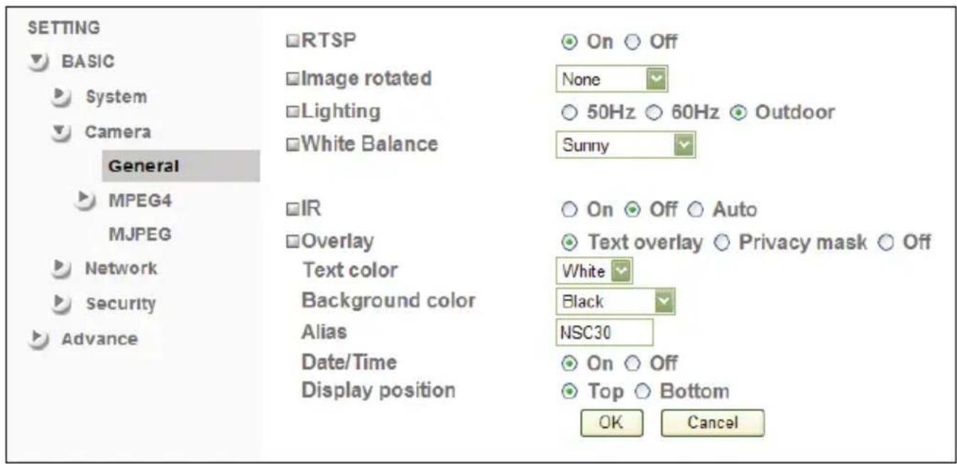 SETTING BASIC System Camera General MPEG4 MJPEG Network Security Advance RTSP Image rotated Lighting White Balance IR Overlay Text color Background color Alias Date/Time Display position On Off None 50Hz 60Hz Outdoor Sunny On Off Auto Text overlay Privacy mask Off White Black NSC30 On Off Top Bottom OK Cancel