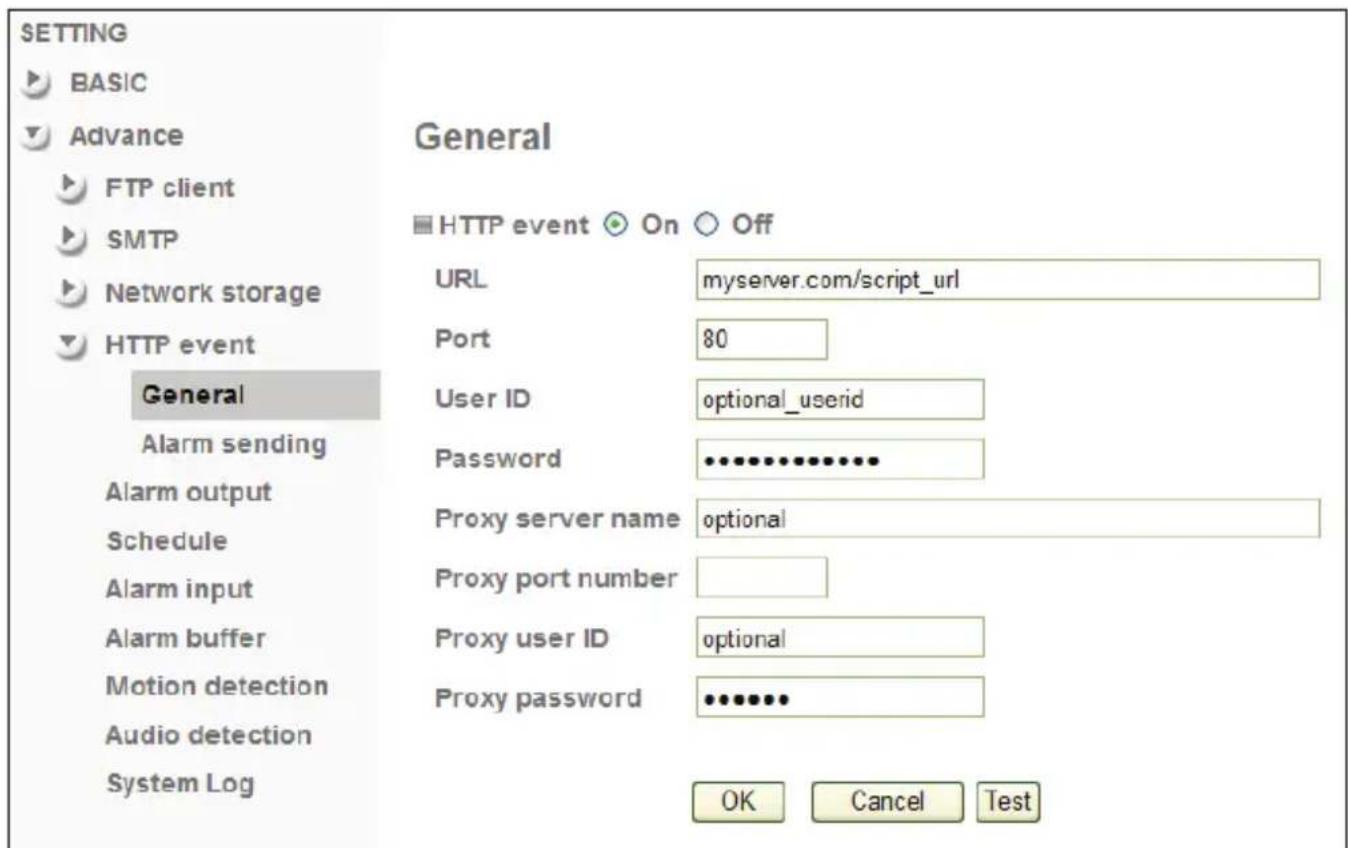 SETTING BASIC Advance FTP client SMTP Network storage HTTP event General Alarm sending Alarm output Schedule Alarm input Alarm buffer Motion detection Audio detection System Log General HTTP event On Off URL myserver.com/script_url Port 80 User ID optional_userid Password ••••••••••••••• Proxy server name optional Proxy port number Proxy user ID optional Proxy password •••••••• OK Cancel Test