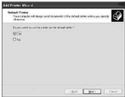 Add Printer Wizard Default Printer Your computer will always send documents to the default printer unless you specify otherwise. Do you want to use this printer at the default printer? OK No < Back Next > Cancel