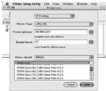Printer Setup Utility Edit View Printers Window Help Printer List IP Printing Printer Type: LPD/LPR Printer Address: 152.1863.227 Complete and valid address. Queue Name: 91 Lower Block for default queue Printer Model: EPSON Model Name: EPSON Styles CWL, CUPS+Comp-Print v4.2.5 EPSON Styles CWL, CUPS+…