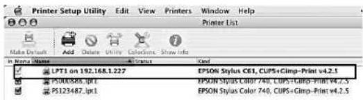 Printer Setup Utility Edit View Printers Window Help Printer List Make Default Add Delete Utility Colors Show Info LPT1 on 192.168.1.227 EPSON Stylus C61, CUPS+Climp-Print v4.2.1 PS003585.3pt1 EPSON Stylus Color 740, CUPS+Climp-Print v4.2.5 PS123487.3pt1 EPSON Stylus Color 740, CUPS+Climp-Print v4.2…