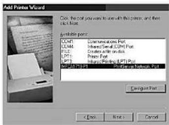 Add Printer Wizard Click the port you want to use with this printer, and free click this. Available ports: COM1 Communications Port COM4 Intersect Serial (COM) Port FILE Creates file on disk LPT1 Press Port LPT2 Intersect Printing (LPT) Port MCP-0175391 Print Server Network Port Configure Port < Bac…