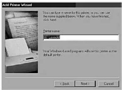 Add Printer Wizard You can issue a name for this print, or you can use the name supplied below. When you have finished, click Next. Printer name: 1st paper Your Windows-labeled programs will use this print as the default printer. < Back Next > Cancel