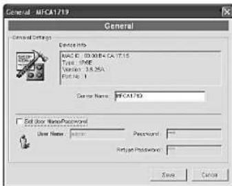 General: MFCA1719 General Settings Device Help: MAC C: 03.00E+CA.715 Type: IP/IE Version: 3.6.5A Format: 1 Sensor Name: MFCA1719 Edit User Name/Password User Name: Password: Retige Password: Save Cancel