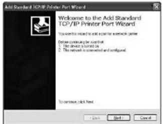 Add Standard TCP/IP Printer Port Wizard Welcome to the Add Standard TCP/IP Printer Port Wizard You use this setup to add a network packet. Before confirming by a network • The device is installed on • The network is connected and configured. To continue click Next OK Next > Cancel