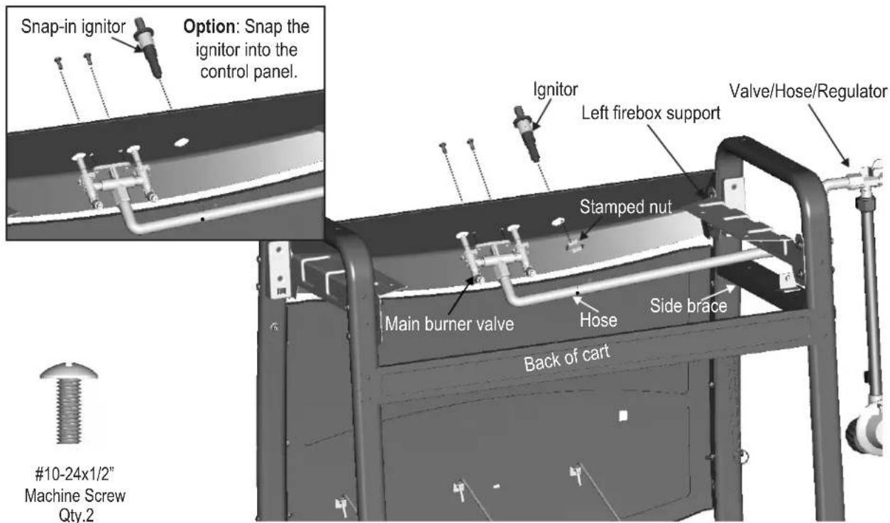 Snap-in ignitor Option: Snap the ignitor into the control panel. Ignitor Left firebox support Valve/Hose/Regulator Stamped nut Main burner valve Hose Side brace Back of cart #10-24x1/2" Machine Screw Qty.2
