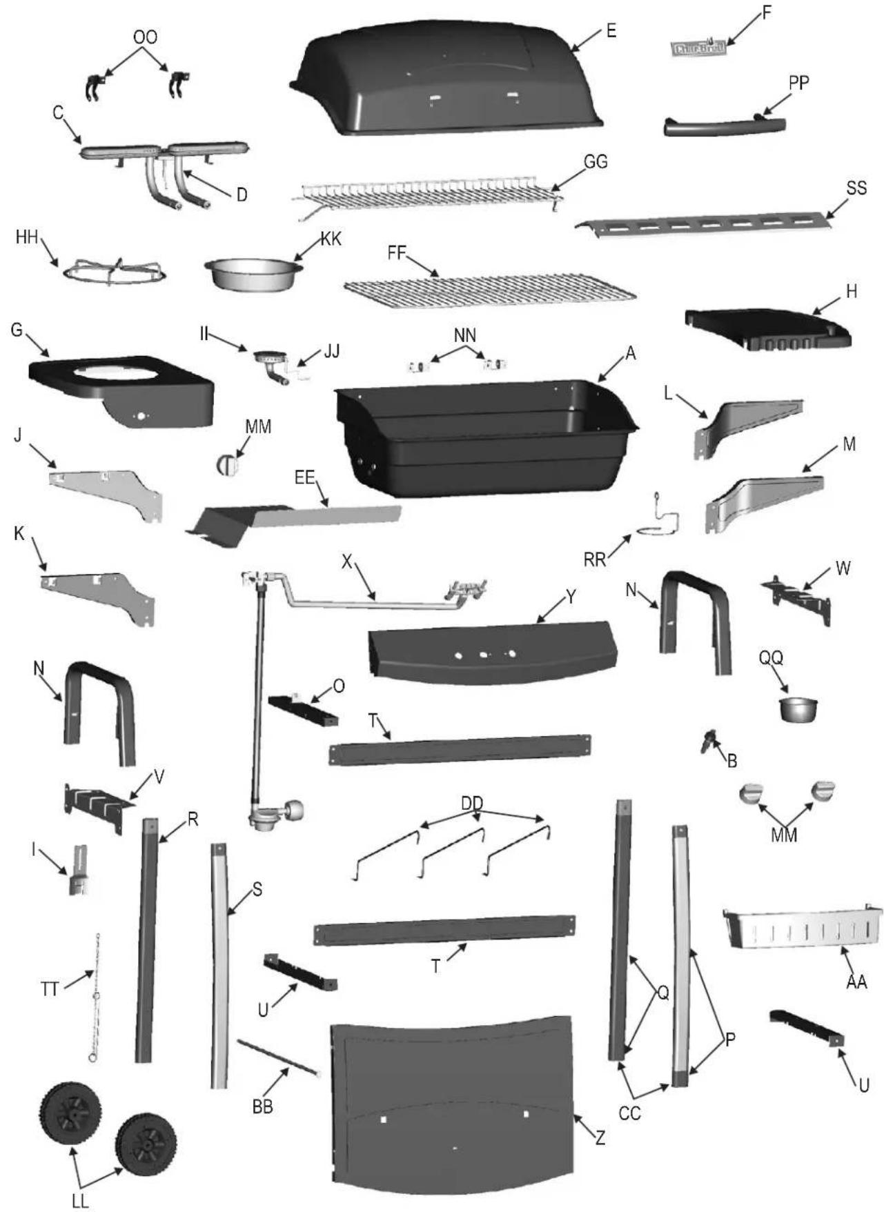 Exploded view diagram of a car body assembly with labeled parts and directional arrows indicating assembly orientation.