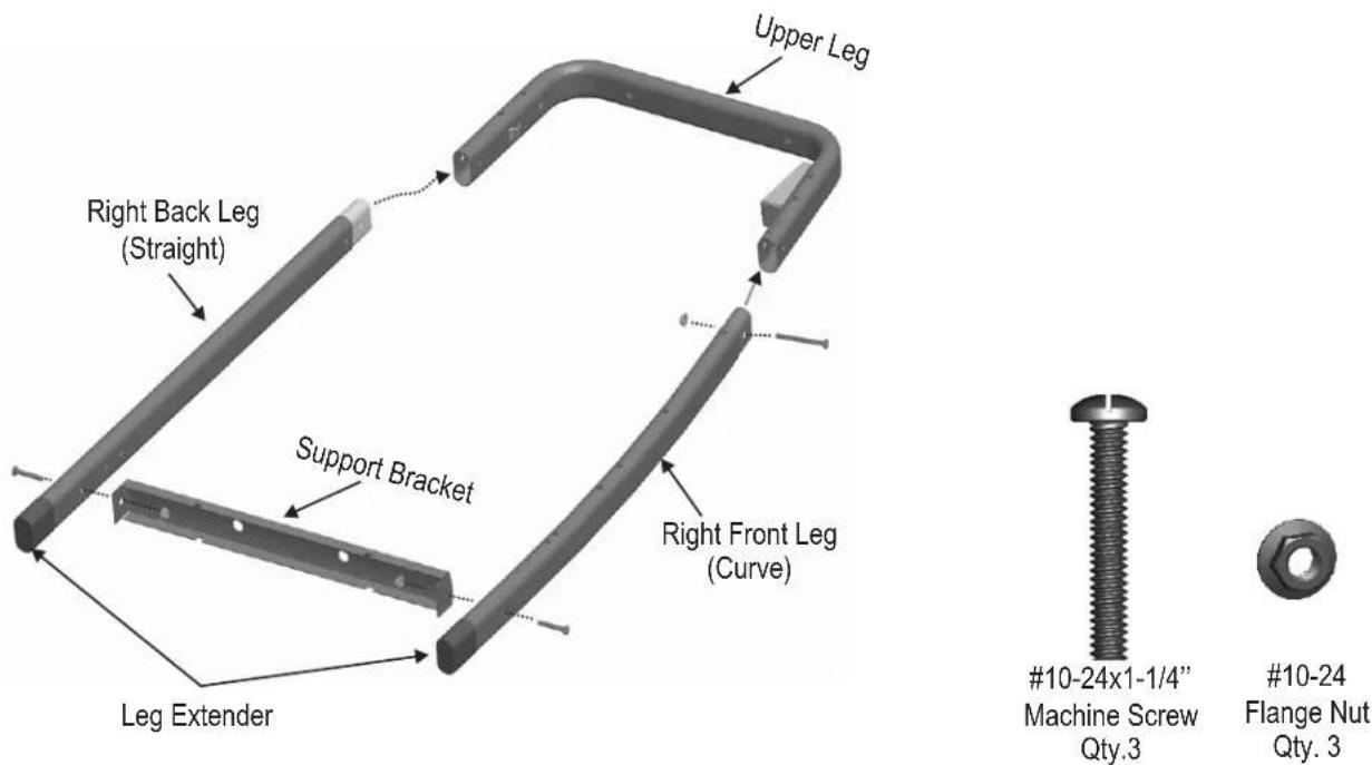 Upper Leg Right Back Leg (Straight) Support Bracket Leg Extender Right Front Leg (Curve) #10-24x1-1/4" Machine Screw Qty.3 #10-24 Flange Nut Qty. 3