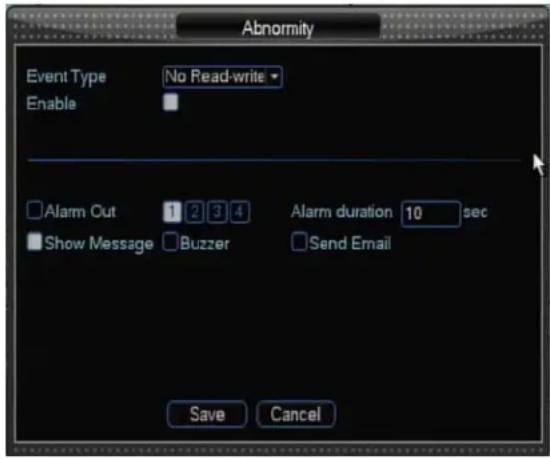 Abnormity Event Type No Read-write Enable Alarm Out 1 2 3 4 Alarm duration 10 sec Show Message Buzzer Send Email Save Cancel