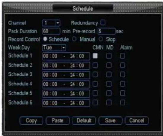 Schedule Channel 1 Redundancy Pack Duration 60 min Pre-record 5 sec Record Control Schedule Manual Stop Week Day Tue CMN MD Alarm Schedule 1 00:00 - 24:00 Schedule 2 00:00 - 24:00 Schedule 3 00:00 - 24:00 Schedule 4 00:00 - 24:00 Schedule 5 00:00 - 24:00 Schedule 6 00:00 - 24:00 Copy Paste Default Save Cancel