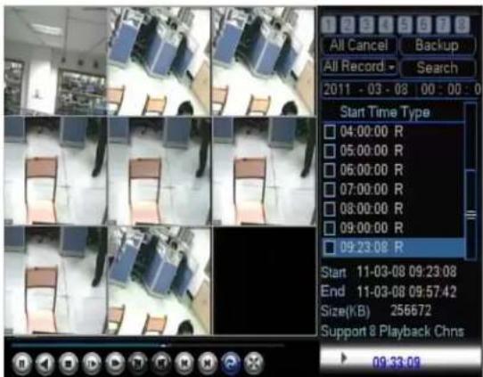 All Cancel Backup All Record - Search 2011 - 03 - 08 00 : 00 : Start Time Type □ 04:00:00 R □ 05:00:00 R □ 06:00:00 R □ 07:00:00 R □ 08:00:00 R □ 09:00:00 R □ 09:23:08 R Start 11-03-08 09:23:08 End 11-03-08 09:57:42 Size(KB) 256672 Support 8 Playback Chns 09:33:09