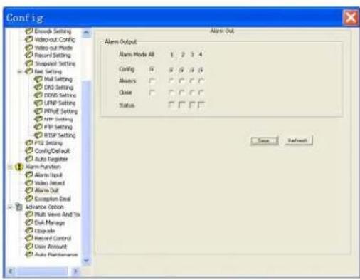 Config Create Setting Video-out Config Video-out Mode Record Setting Snapshot Setting New Settings Mail Setting DRG Setting DOSIS Setting URF Setting PPUE Setting Nett Setting FTP Setting RTSP Setting PTZ Setting ConfigDefault Auto Registerer Alarm Function Alarm Input Video Select Alarm Out Exception Email Advance Option Multi Views And To Disk Manage Copy-up Raced Control User Account Auto Maintenance Alarm Out Alarm Mode All 1 2 3 4 Config 0 1 2 3 4 Always 0 1 2 3 4 Close 0 1 2 3 4 Status 0 1 2 3 4 Save Refresh