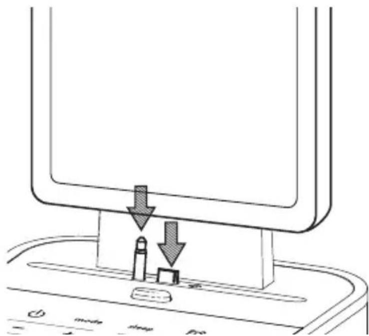 Diagram showing a device with two downward arrows pointing to a component, labeled with icons for mode, sleep, and rest.