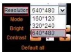 Resolution 640*480 Mode 160*120 Bright 320*240 Contrast 640*480 Default all