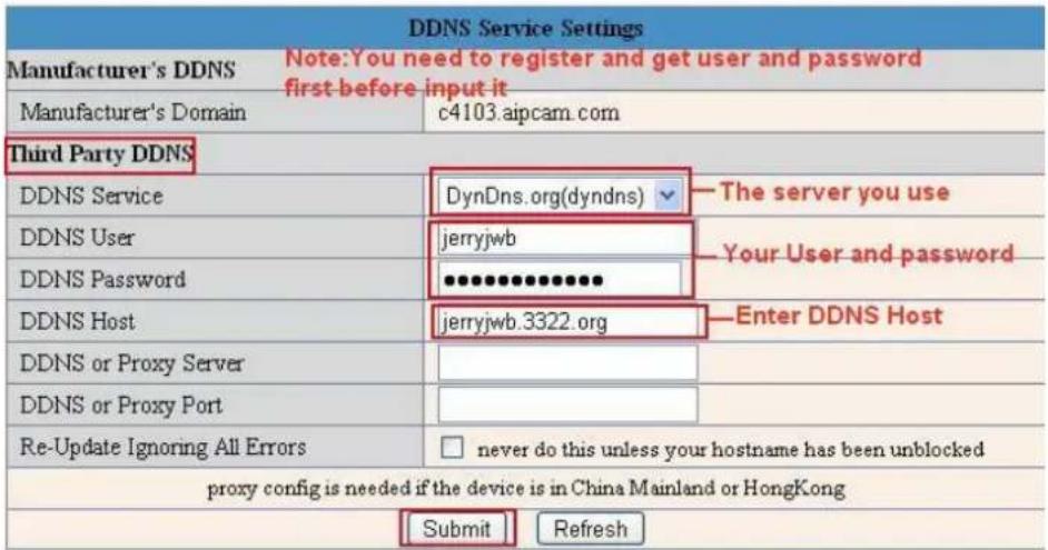 DDNS Service Settings Manufacturer's DDNS Note:You need to register and get user and password first before input it Manufacturer's Domain c4103.aipcam.com Third Party DDNS DDNS Service DynDns.org(dyndns) ▼ The server you use DDNS User jerryjwb Your User and password DDNS Password ************ DDNS Host jerryjwb.3322.org Enter DDNS Host DDNS or Proxy Server DDNS or Proxy Port Re-Update Ignoring All Errors never do this unless your hostname has been unblocked proxy config is needed if the device is in China Mainland or HongKong Submit Refresh