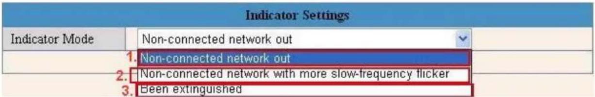 Indicator Settings Indicator Mode Non-connected network out 1. Non-connected network out 2. Non-connected network with more slow-frequency flicker 3. Been extinguished