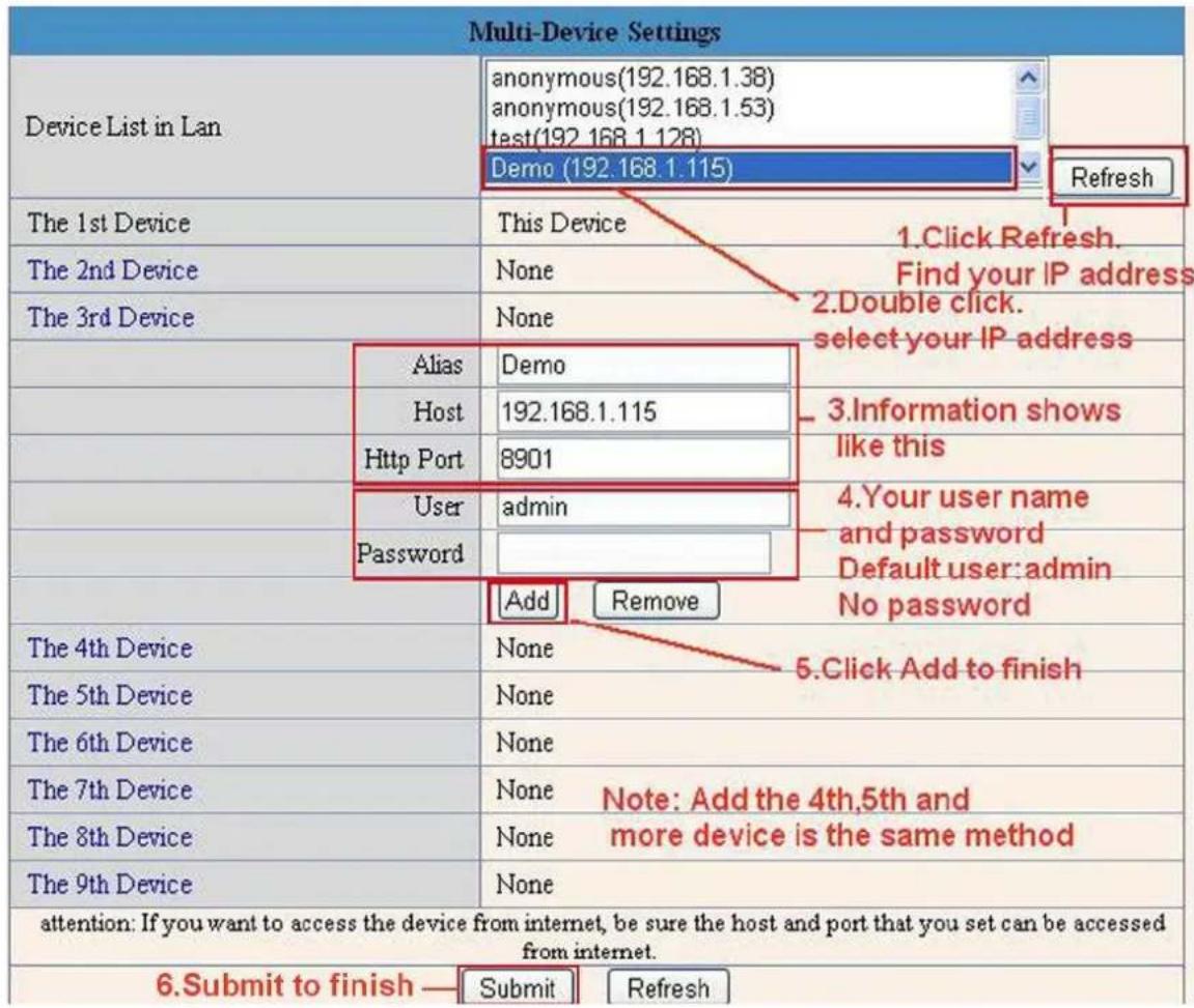 Multi-Device Settings Device List in Lan anonymous(192.168.1.38) anonymous(192.168.1.53) test(192.168.1.128) Demo (192.168.1.115) Refresh The 1st Device This Device 1.Click Refresh. Find your IP address The 2nd Device None 2.Double click. select your IP address The 3rd Device None Alias Demo Host 192.168.1.115 Http Port 8901 3.Information shows like this User admin 4.Your user name and password Default user:admin Password No password The 4th Device None 5.Click Add to finish The 5th Device None The 6th Device None Note: Add the 4th,5th and more device is the same method The 7th Device None The 8th Device None The 9th Device None attention: If you want to access the device from internet, be sure the host and port that you set can be accessed from internet. 6.Submit to finish — Submit Refresh