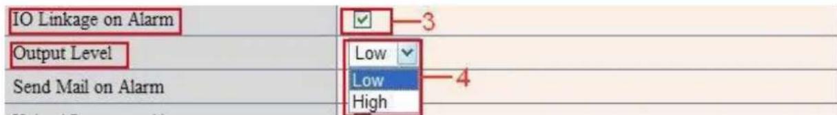 IO Linkage on Alarm Output Level Send Mail on Alarm