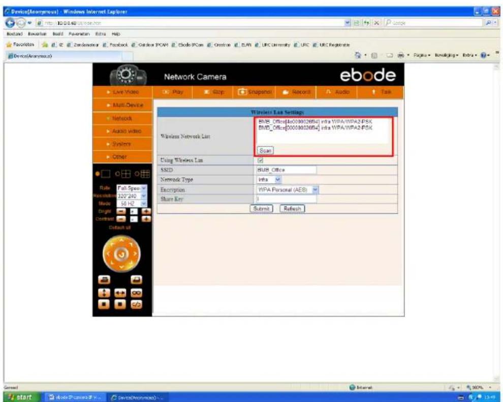 Device(Anonymous) - Windows Internet Explorer http://10.03.42/10.com.cn Backard Review Back Promotion Extra Help Favorites Zizomaster Facebook Outdoor PCAM Ecode PCam Gestion ELAY LRC University UFC UKC Registration Devices(Anonymous) Network Camera ebode Live Video Play Stop Snapshot Record Audio Task Multi Device Network Audio video System Other Wireless LAN Settings Wireless Network List BWB_Officer[ko00002664] infra WPA/WPA2-PSK BWB_Officer[0000002664] infra WPA/WPA2-PSK Scan Using Wireless Lan SSID Hius_Office Nemode Type Intra Encryption WPA Personal (AES) Share Key: Submit Refresh Fall Space 122° 240 50 Hz Default at Start Devio P camera IP Device(Anonymous)... Internet 10%