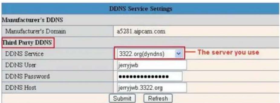 DDNS Service Settings Manufacturer's DDNS Manufacturer's Domain a5281.aipcam.com Third Party DDNS DDNS Service 3322.org(dyndns) — The server you use DDNS User jerryjwb DDNS Password **** DDNS Host jerryjwb.3322.org Submit Refresh