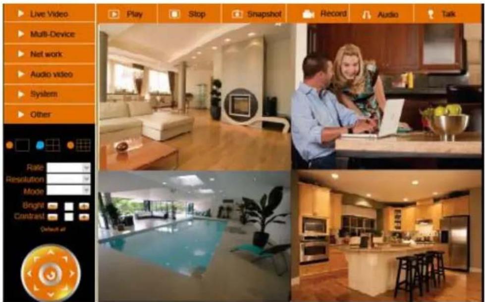 Live Video Multi-Device Net work Audio video System Other Play Stop Snapshot Record Audio Talk Rate Resolution Mode Bright Contrast Default at