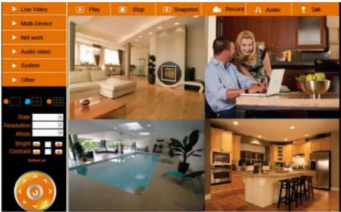 Live Video Multi-Device Net work Audio video System Other Play Stop Snapshot Record Audio Talk Rate Resolution Mode Bright Contrast Default at