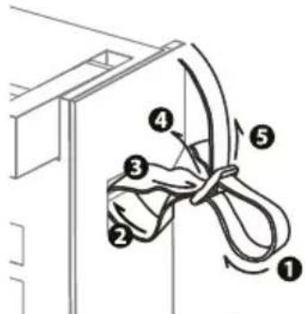 Diagram showing rope knotting steps with numbered labels 1 to 5 indicating sequence and rotation direction