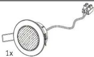 Simple line drawing of a circular device with a mesh grille and connected wires, labeled '1x' (no text or symbols on the device itself)