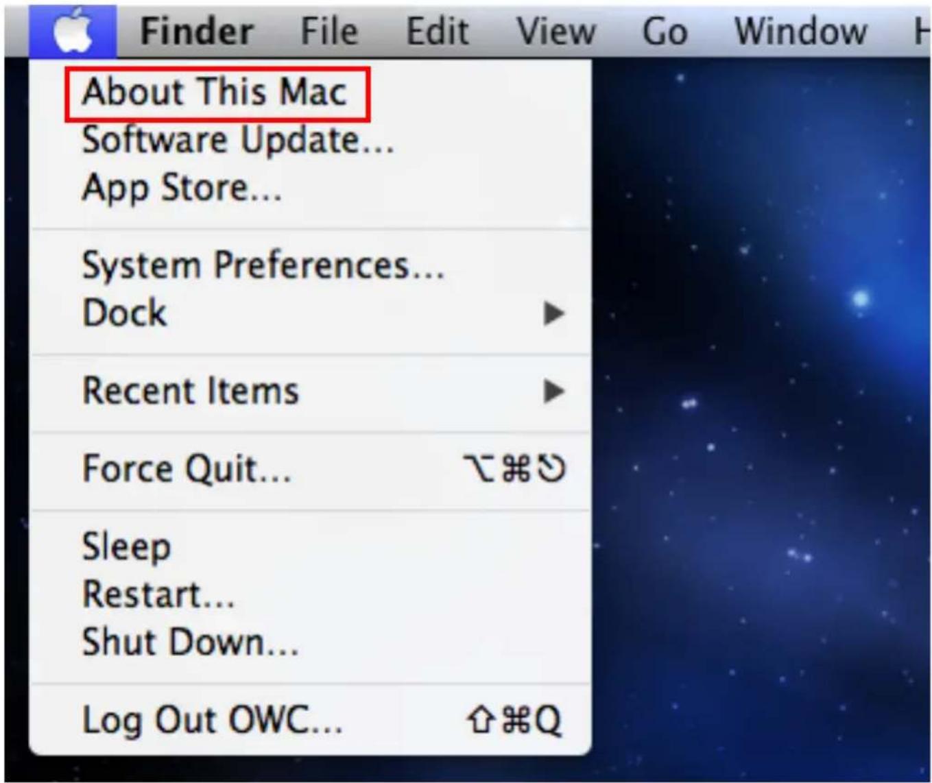 About This Mac Software Update... App Store... System Preferences... Dock Recent Items Force Quit... Sleep Restart... Shut Down... Log Out OWC... ⏻⌘Q