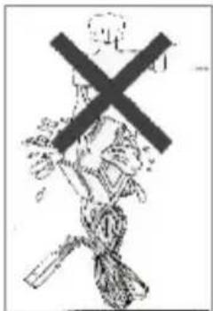 Black-and-white illustration showing a crossed-out cross symbol over a figure holding a tool, likely representing a warning or symbolic hazard.