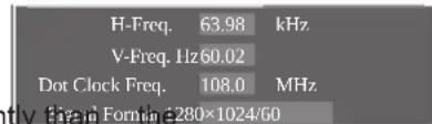 H-Freq. 63.98 kHz V-Freq. Hz60.02 Dot Clock Freq. 108.0 MHz Mean Forming: 280×1024/60